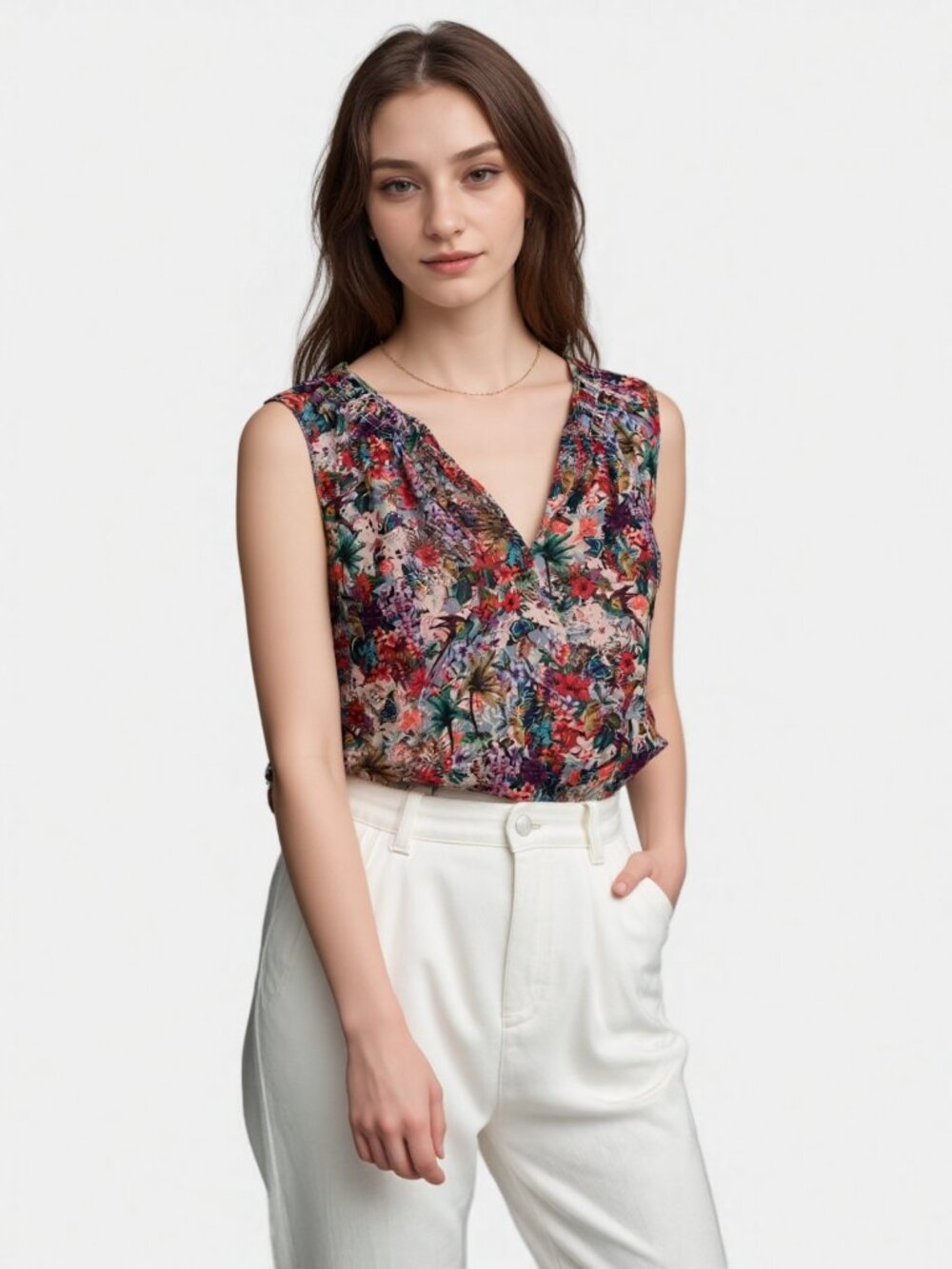 Ecru Floral Sleeveless V-Neck in Multicolor Sheer Top - Picture 2 of 6